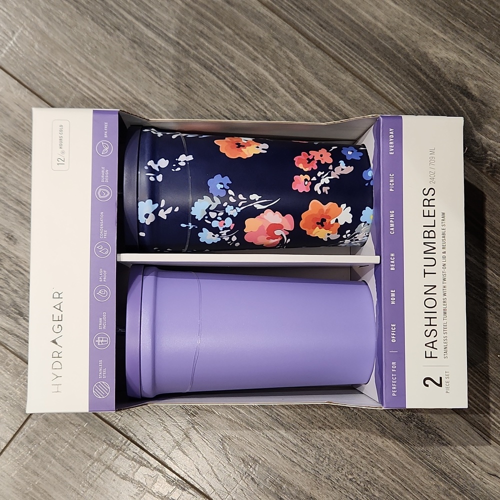 NWT Hydragear 2 pc set Fashion Tumblers w/twist-on lid & reusable straw 24 oz